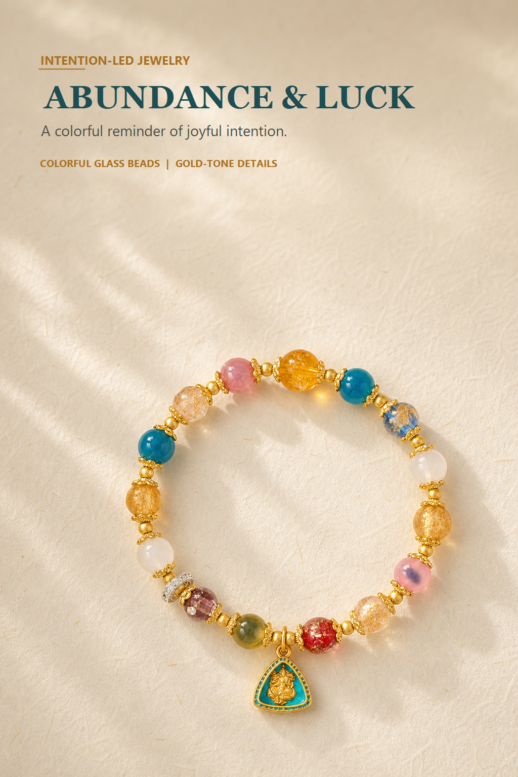 The Abundance & Luck Bracelet with colorful glass beads and gold-tone details