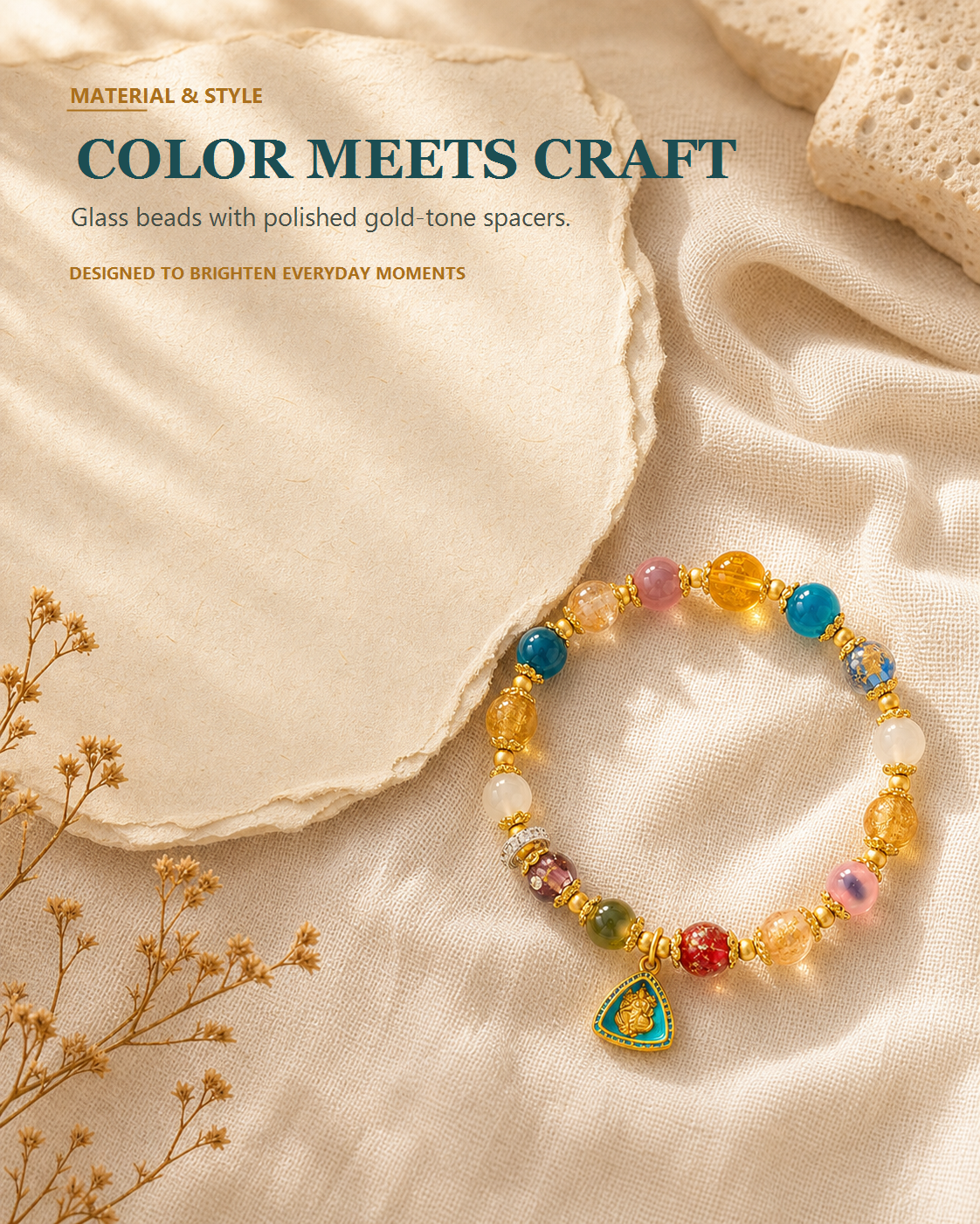 Colorful glass bead bracelet with polished gold-tone spacers